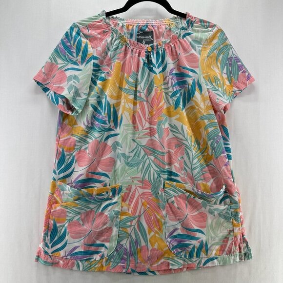 Butter-soft Tops - Butter-Soft Scrub Top Womens M Stretch Tropical 6-Pocket Peasant Medical Pink